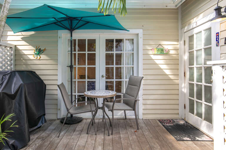 Your own private deck invites you to enjoy morning coffee or evening cocktails outdoors. The shaded bistro seating and BBQ make al fresco dining a breeze in this peaceful spot.