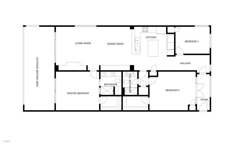 The floor plan shows a spacious layout with living room, dining area, full kitchen, master bedroom, two additional bedrooms, bathroom, and outdoor seating area—plenty of room for your whole group.
