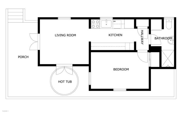 This thoughtfully designed layout shows your cozy getaway: a spacious living room, full kitchen, bedroom, bathroom, private hot tub, and inviting front porch for relaxing.