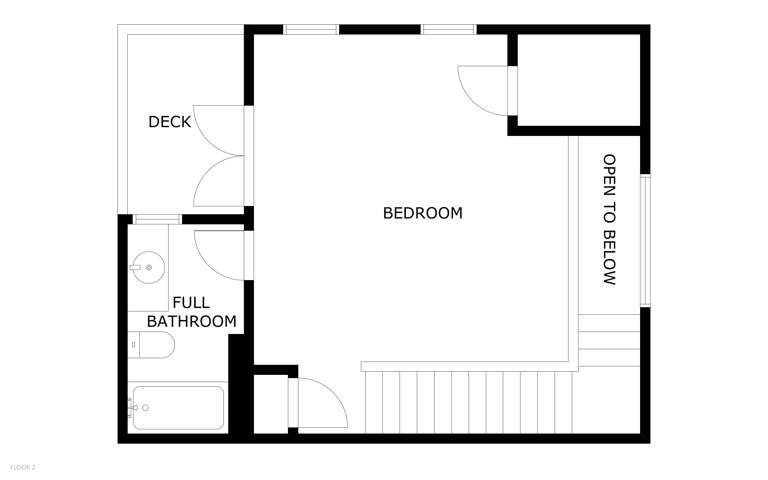 This floor includes a bedroom with deck access, a full bathroom with tub and shower, and a private balcony—perfect for your mountain getaway.