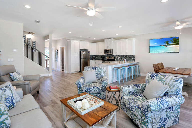 Main Floor Living Area with Full Bath & Laundry and Stairs to 2nd Floor
