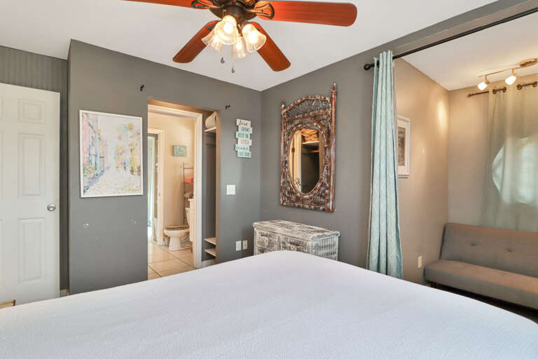 Bedroom 1 with Futon Closet and Full Bath Access