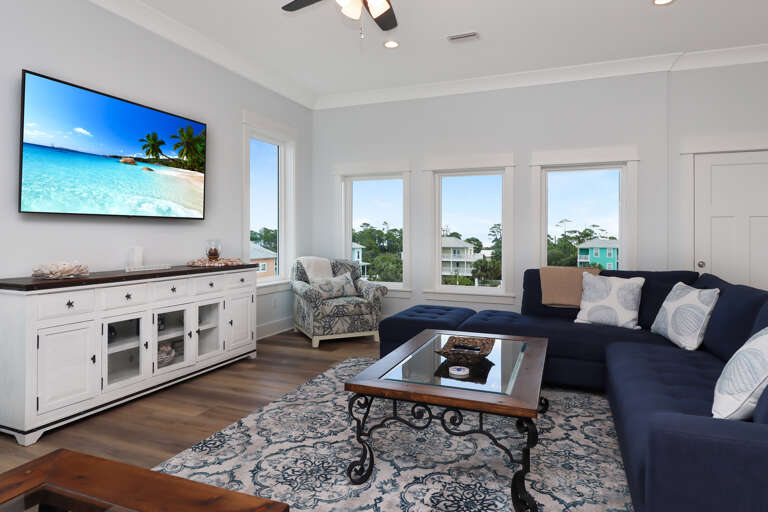 Living Room with TV and Bay View