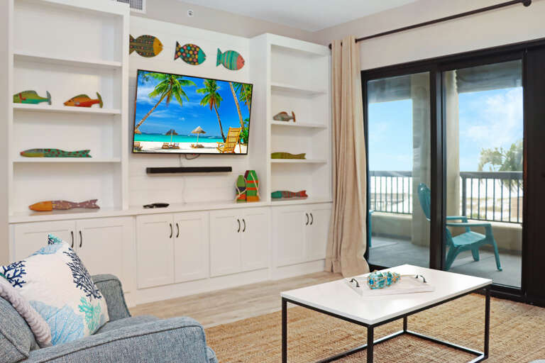 Living Room with TV and Surround Sound Speaker