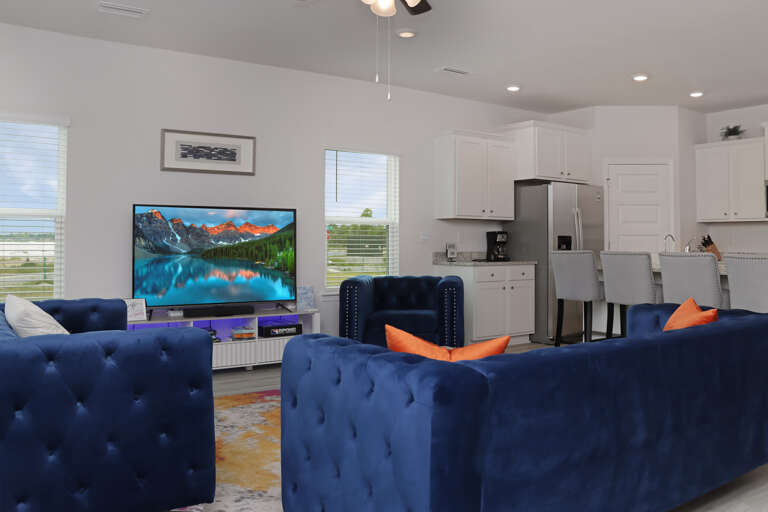 Living Room TV and Kitchen