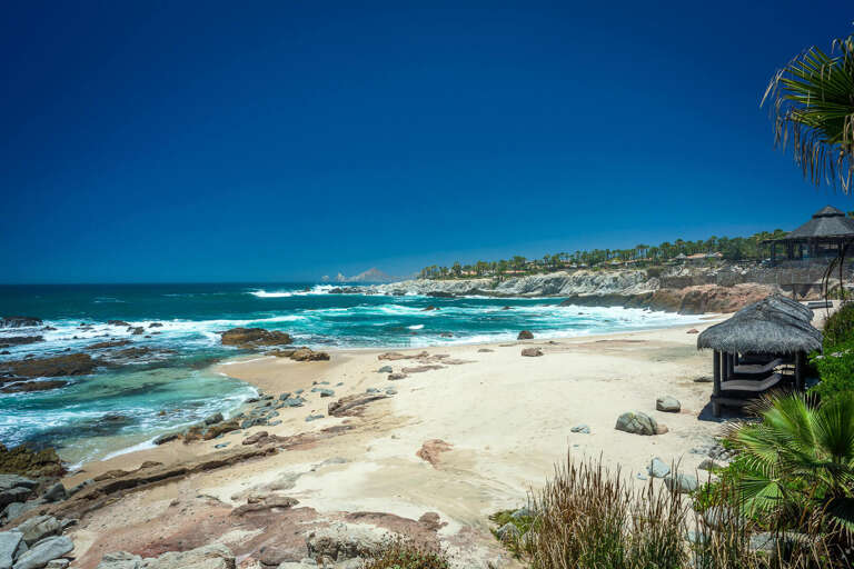 Seashore Scene With Sandy Stretch, Surging Surf, And Sheltering Shack