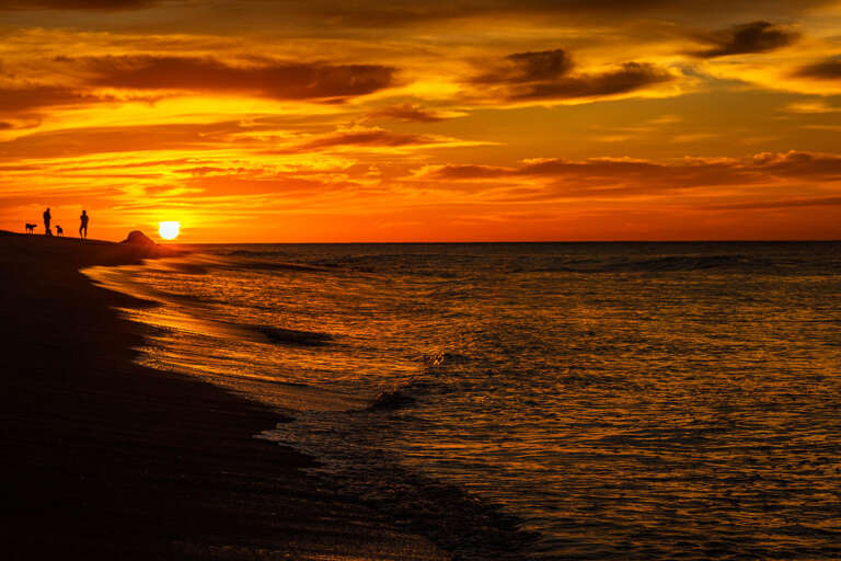Sunset Silhouettes Stroll Seaside, Serene Scene