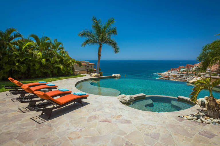 Palm-lined Poolside Patio, Loungers Facing Tranquil Turquoise Sea