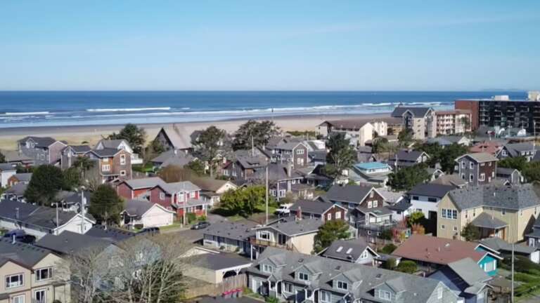 A picturesque coastal neighborhood with residential homes nestled between tree-lined streets and a pristine sandy beach along the Pacific shoreline.