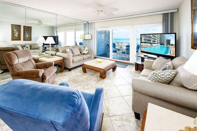Living Room with Private Balcony - 
Islander Beach Condo Rentals, Okaloosa Island