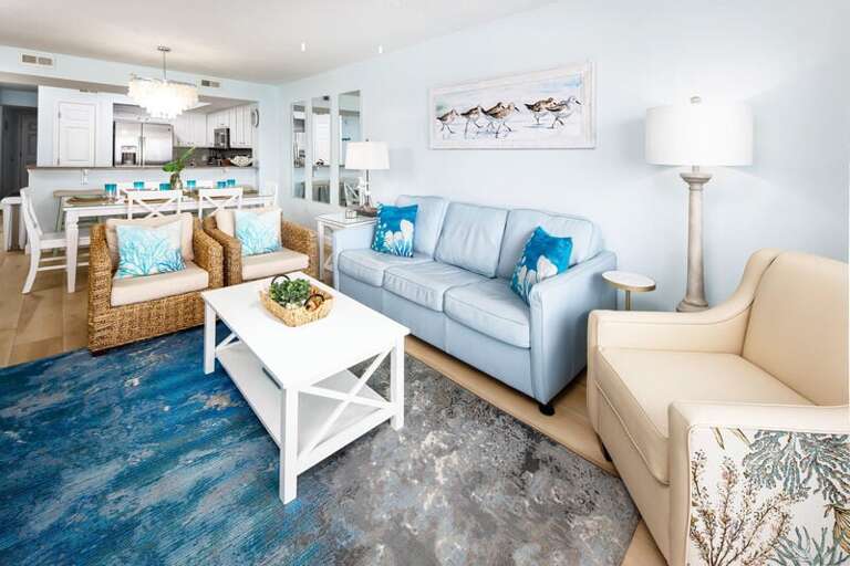 Living Room with Sleeper Sofa and 70" TV - Gulf Dunes 408 Fort Walton Beach Okaloosa Island Vacation Rentals Living Room with Sleeper Sofa and 70" TV - Gulf Dunes 408 Fort Walton Beach Okaloosa Island Vacation Rentals