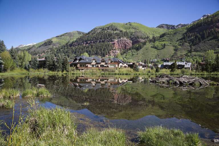 Views of the lake and homes around this Colorado Mountain vacation rental.