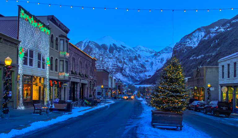 View of Main Street in Telluride with Christmas Lights View of Main Street in Telluride with Christmas Lights