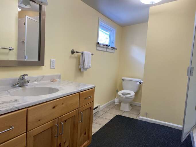 Bathroom with vanity sink and toilet.