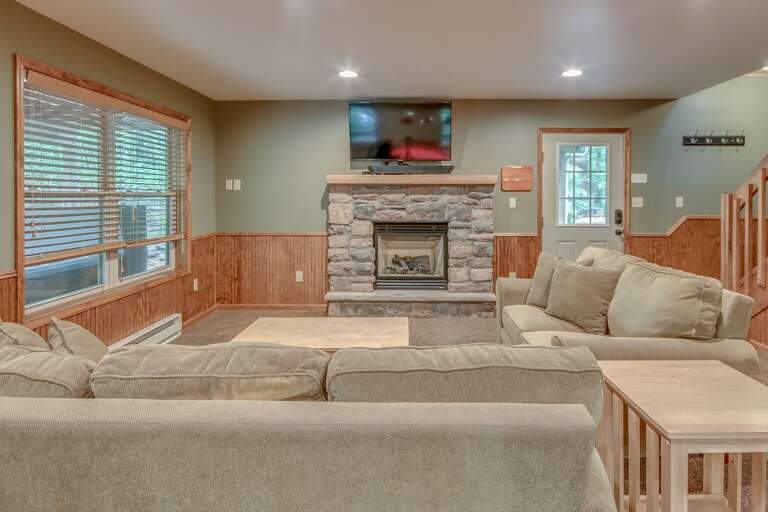 View of basement and fireplace