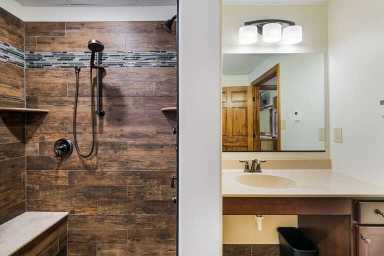 Alternate View of Walk-In Shower and Sink in Bathroom