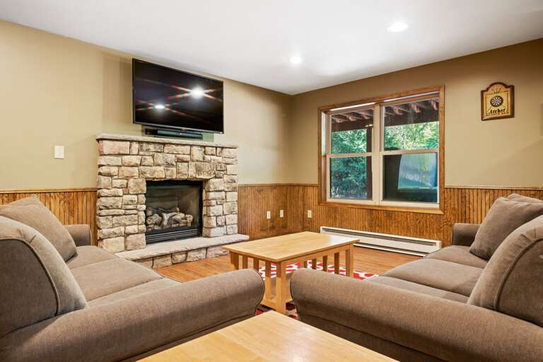 basement rec room with two couches and a tv