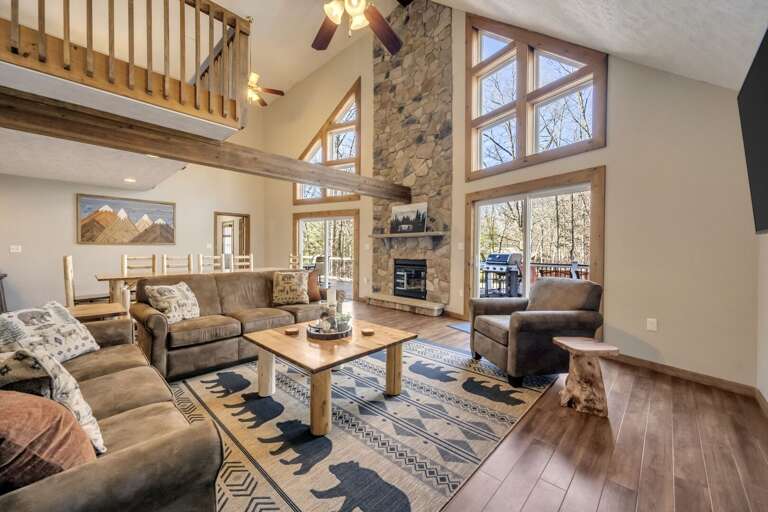 Spacious and Rustic Open 2nd Floor Great Room with Massive Fireplace Wall