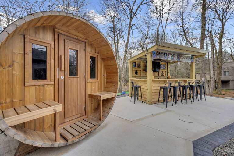 Barrel Sauna and Outdoor Bar.