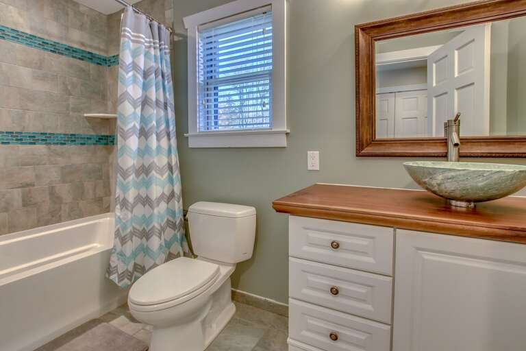 Bathroom with toilet, shower (with curtain open), mirror and bowl sink.
