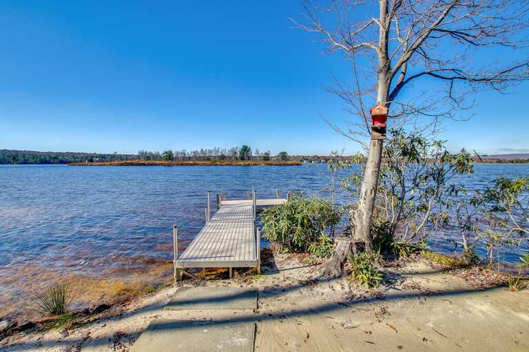 A tree and dock by the lake, located steps away from this rental.