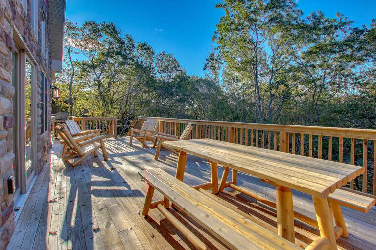 Bench and Chairs on the Deck of our Poconos Luxury Rental