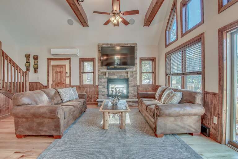 Seating, Fireplace, and TV in our Great Room