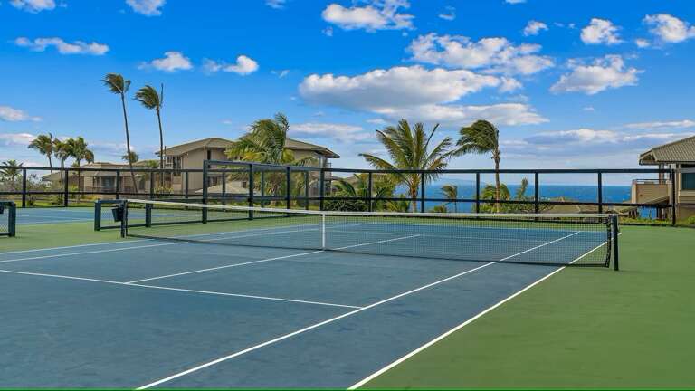 Ocean-view tennis court with palm trees and coastal backdrop.