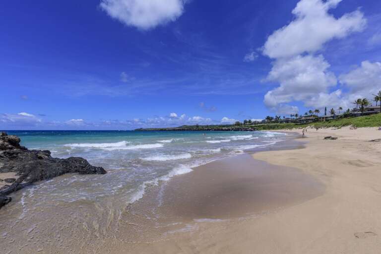 Pristine sandy beach with gentle waves and sweeping ocean views.