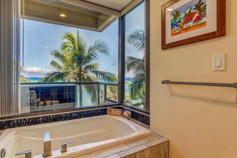 Front Bedroom Bath Looks Over Beach and Towards Lainai Island