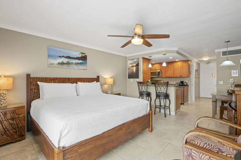 Spacious Suite Showing Sleek Sleeping Space And Integrated Kitchen Area