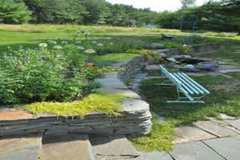 The blue stone wall in the back yard