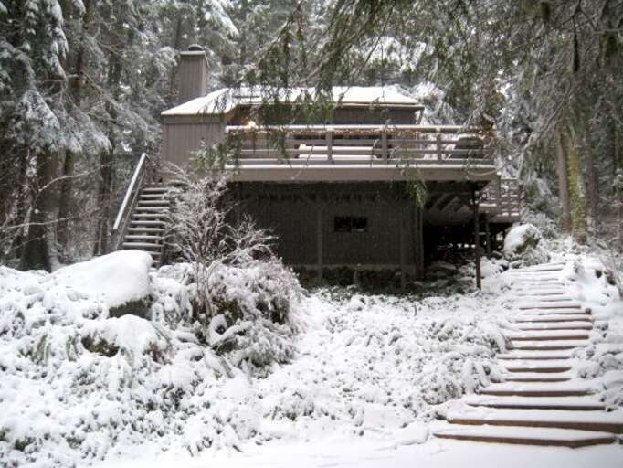 Front of the cabin in the winter Front of the cabin in the winter