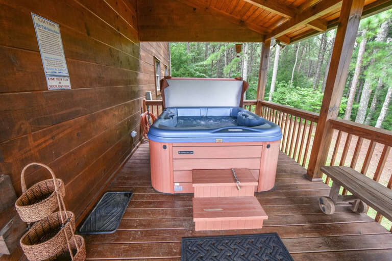 Wooden Deck With Hot Tub, Forest View, Rustic Setting