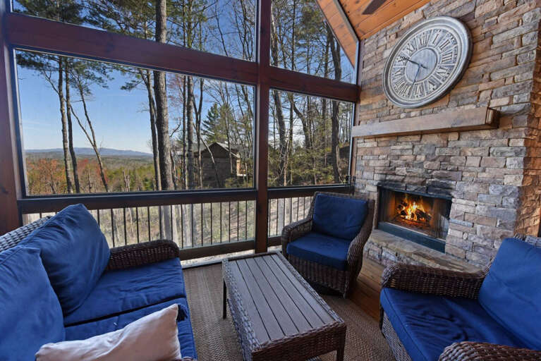 Screened porch with fireplace