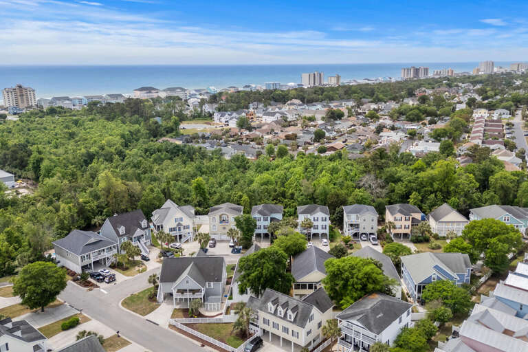 Aerial View Of A Lush, Leafy Residential Area Near The Sea