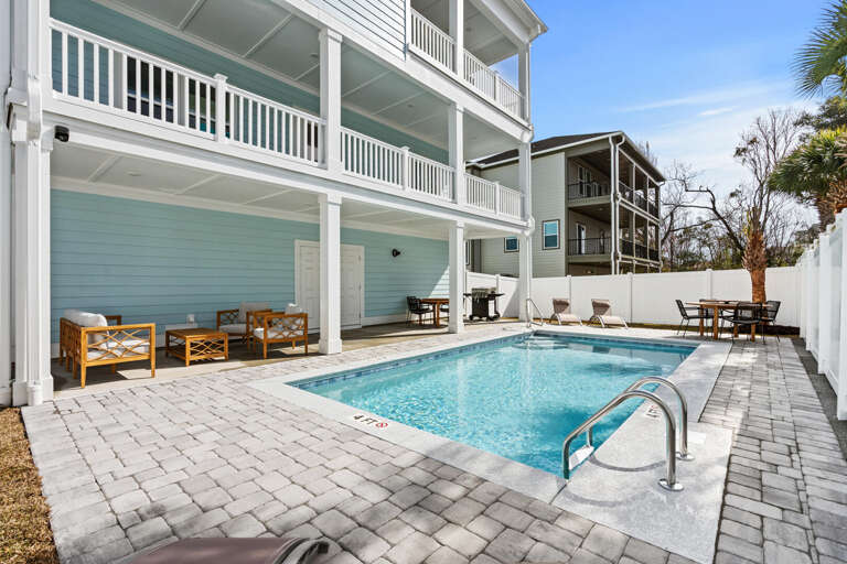 Blue Building, Backyard Pool, Patio Furnishings