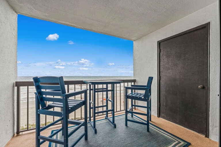 Balcony With Blue Chairs, Bright Sky