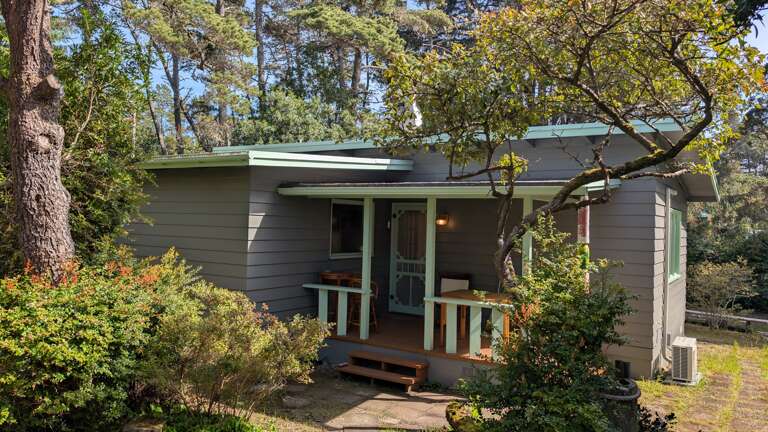 the house nestled in the trees with Rhody's and Huckleberries