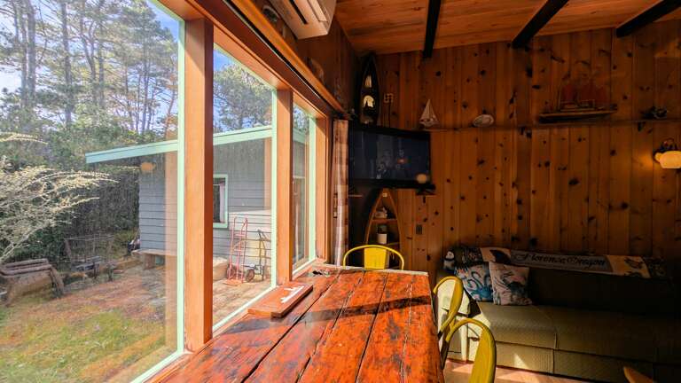 pub height table - looks onto the yard