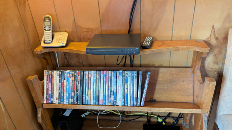 DVD collection and player in Trundle room