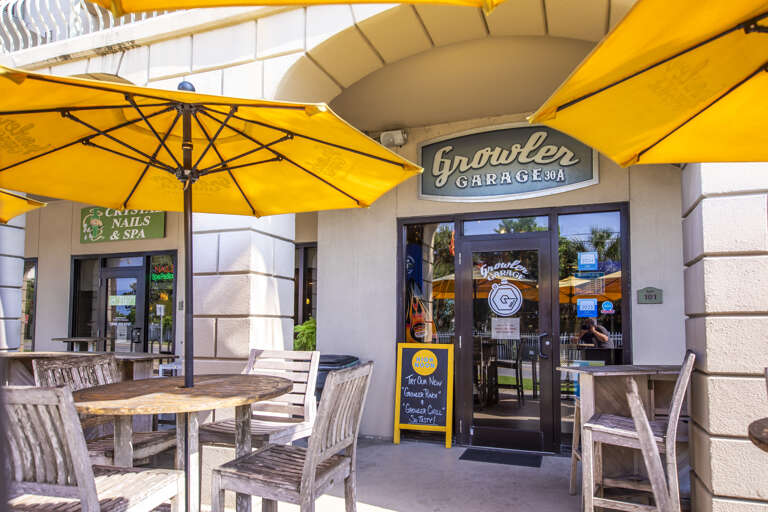 Sunny Seating, Umbrellas, Entrance To Cafe