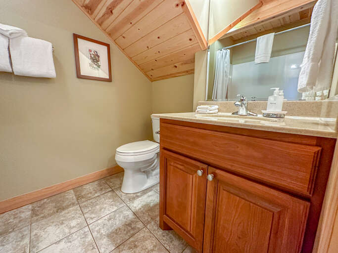 Toilet and large vanity in the main level bathroom. Toilet and large vanity in the main level bathroom.