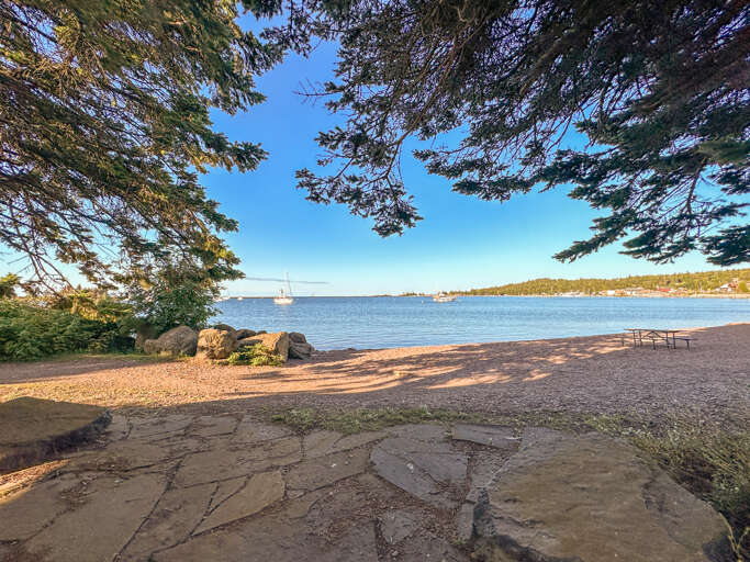 Enjoy views of the Grand Marais Harbor from the patio.