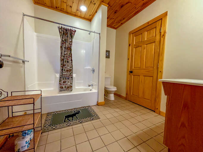 This bathroom is located on the lower level