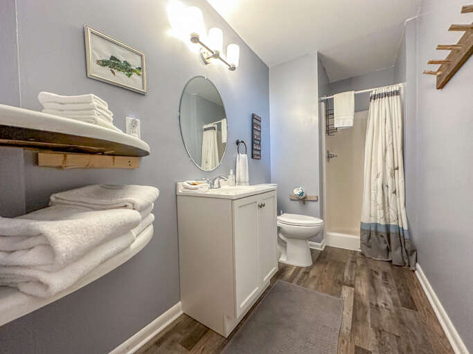 Bathroom 2 is located on the lower level and has a walk-in shower.