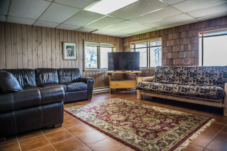The lower level living room features a large TV and another futon for yet another sleeping area.