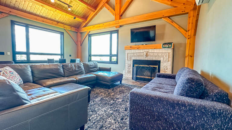 The family room has a fireplace and TV.