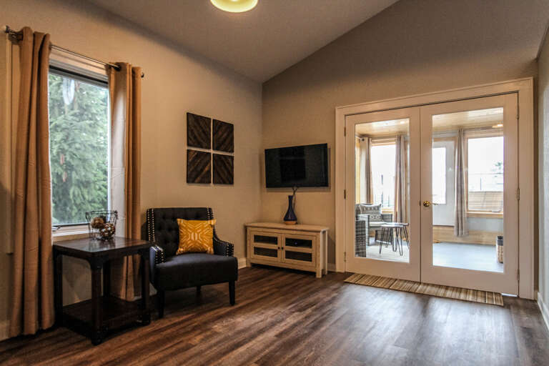 A large flat-screen TV with satellite is great for a movie night after a day of hiking