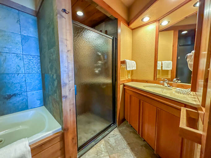 The bathroom has a separate shower and jetted tub.